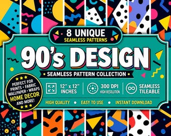 8 '90s Design Seamless Patterns: Retro Digital Paper (PNG)