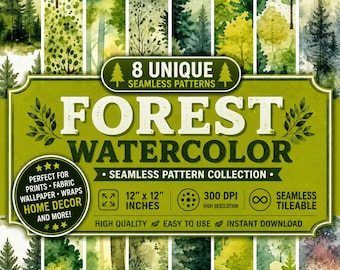 8 Forest Watercolor Patterns: Seamless Woodland Designs (PNG Digital Download)