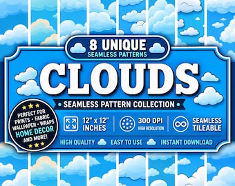 8 Seamless Clouds Patterns. Clouds Background. Sublimation Design. Digital Paper