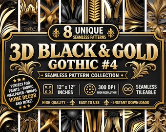 3D Gothic Gold and Black Seamless Pattern: Digital Paper (PNG)