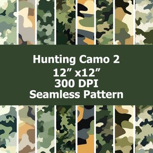 Könnte beinhalten: Ein nahtloses Tarnmuster in Grün-, Braun- und Beigetönen. Das Muster ist 30,48 cm x 30,48 cm groß und hat 300 DPI. Der Text "Hunting Camo 2" wird über dem Muster angezeigt.