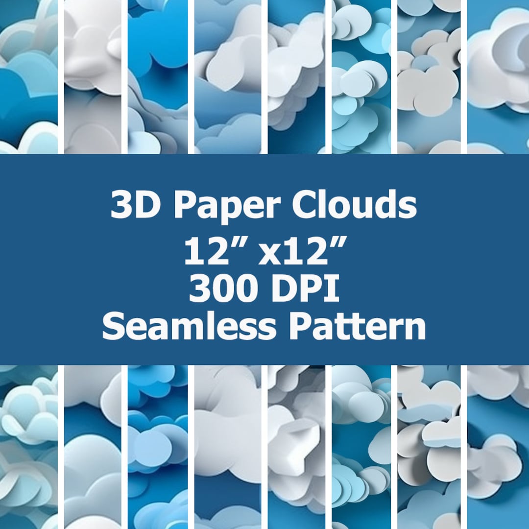 8 Seamless 3D Paper Clouds Patterns. Paper Clouds Background. Sublimation Tumbler. Digital Paper