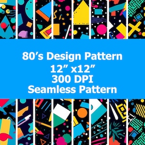 May include: A seamless 80's style design pattern with geometric shapes in bright colors like pink, yellow, blue, green, and orange on a black background. The pattern is 12 inches by 12 inches and 300 DPI.