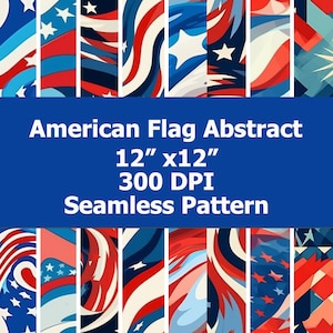May include: A seamless pattern featuring an abstract design of red, white, and blue stripes and stars, reminiscent of the American flag. The pattern is 12 inches by 12 inches and 300 DPI.