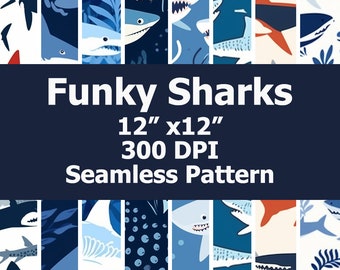 Funky Sharks Seamless Pattern: Vibrant Digital Paper (PNG, 12x12, 300 DPI)