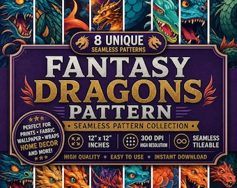 8 Fantasy Dragon Seamless Patterns: Sublimation Background (PNG Digital File)