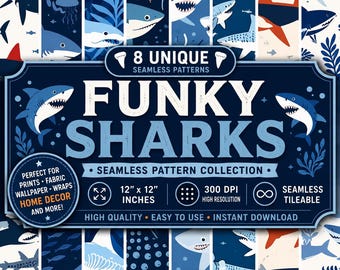 Funky Sharks Seamless Pattern: Vibrant Digital Paper (PNG, 12x12, 300 DPI)