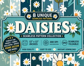 8 Daisy Seamless Patterns: Floral Background, Sublimation Design (Digital Download)