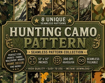 Hunting Camo Seamless Pattern: 8 PNG Digital Papers (12x12, 300 DPI)