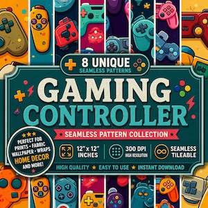 May include: A digital graphic featuring 8 unique seamless patterns of gaming controllers in various colors. The central text reads 8 UNIQUE SEAMLESS PATTERNS GAMING CONTROLLER SEAMLESS PATTERN COLLECTION. Includes 12" x 12" INCHES and 300 DPI text.