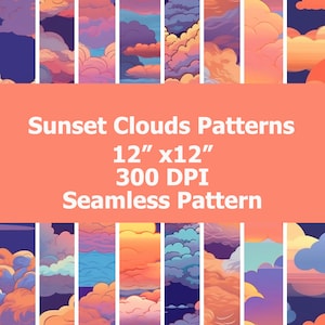 May include: Seamless pattern featuring a colorful sunset sky with fluffy clouds in shades of pink, orange, yellow, blue, and purple. The pattern is 12 inches by 12 inches and 300 DPI.