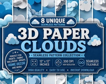 3D Paper Clouds Seamless Pattern: Sublimation Tumbler Background (Digital Paper)