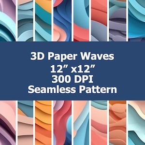 May include: A seamless pattern of 3D paper waves in various colors, including blue, pink, orange, and yellow. The pattern is 12 inches by 12 inches and 300 DPI.