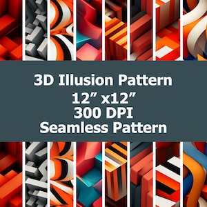 Puede incluir: Un patrón de ilusión 3D sin costuras con un diseño geométrico que presenta colores naranja, rojo, blanco, negro y gris. El patrón mide 30,48 cm por 30,48 cm y 300 DPI.