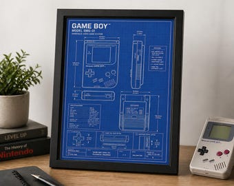 Game Boy DMG-01 Blueprint Poster – Framed 8x10 Technical Drawing Wall Art