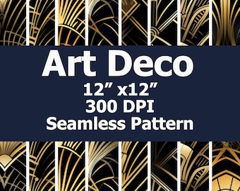 May include: Art Deco seamless pattern design in gold and black. The design features geometric shapes and lines. The text "Art Deco" is displayed above the dimensions of 12" x 12" and 300 DPI. The words "Seamless Pattern" are also displayed.
