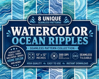 8 Watercolor Ocean Ripple Patterns: Seamless PNG Digital Paper (12"x12")