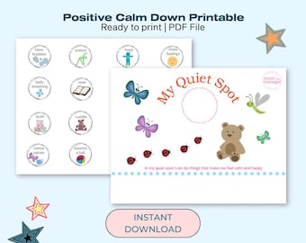 May include: Printable "My Quiet Spot" chart featuring a teddy bear, butterflies, ladybirds, and a dragonfly. The chart includes the text "In my quiet spot I can do things that make me feel calm and happy".