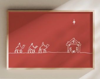 May include: A red background with a white outline of three camels and a star above a stable. The camels are carrying people and are walking towards the stable.