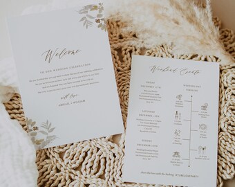 Online Elegant Gold Welcome Letter & Itinerary Template, Destination Welcome Card, Weekend Events, Welcome Bag, PDF JPG PNG #Y22-WB2