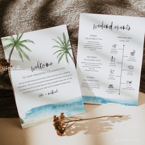 Online Palm Tree Welcome Letter & Itinerary Printable Template, Destination Welcome Card, Weekend Events, Welcome Bag, PDF JPG PNG #Y21-WB6