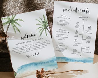 Carta de bienvenida e itinerario para bodas de destino, plantilla de palmera, programa de eventos de fin de semana, Canva editable (PDF, JPG, PNG) #Y21-WB6