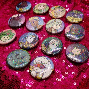 Sparkly Hades buttons (zagreus, thanatos, achilles, patroclus)