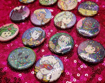 Sparkly Hades buttons (zagreus, thanatos, achilles, patroclus)