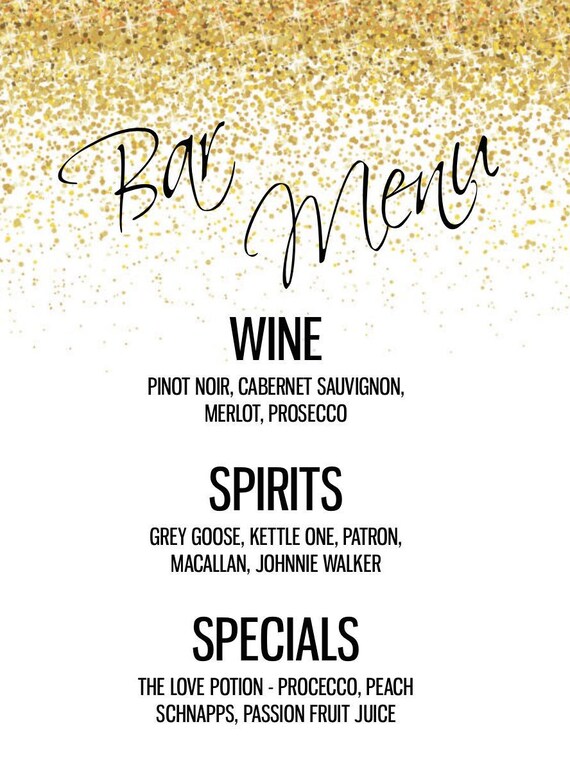 Gold CUSTOM bar menu for ANY event drink menu Etsy