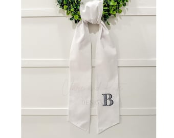 Long Monogram Wreath Sash, Wreath Sash For Front Door, Embroidered Front Door Bow, Initial Wedding Wreath Ribbon, Housewarming, Wedding Sash