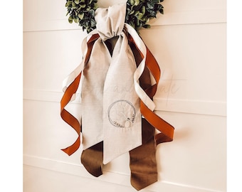 Fall Wreath Sash, Monogram Wreath Sash, Thanksgiving Wreath Sash,Embroidered Front Door Bow,Fabric Wreath Ribbon,Fall Pumpkin Wreath Tie