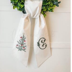 Monogram Wreath Sash, Christmas Wreath Sash For Front Door,Embroidered Wreath Bow,Christmas Initial Wreath Tie, Christmas Tree Wreath Ribbon