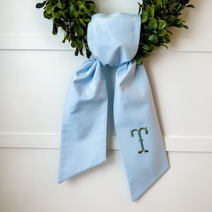 Monogram Wreath Sash, Wreath Sash For Front Door, Embroidered Front Door Bow, Initial Door Sash, Wreath Bow, Housewarming, Light Blue Sash
