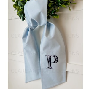 Monogram Wreath Sash, Wreath Sash For Front Door, Embroidered Front Door Bow, Initial Door Sash, Wreath Bow, Housewarming, Light Blue Sash