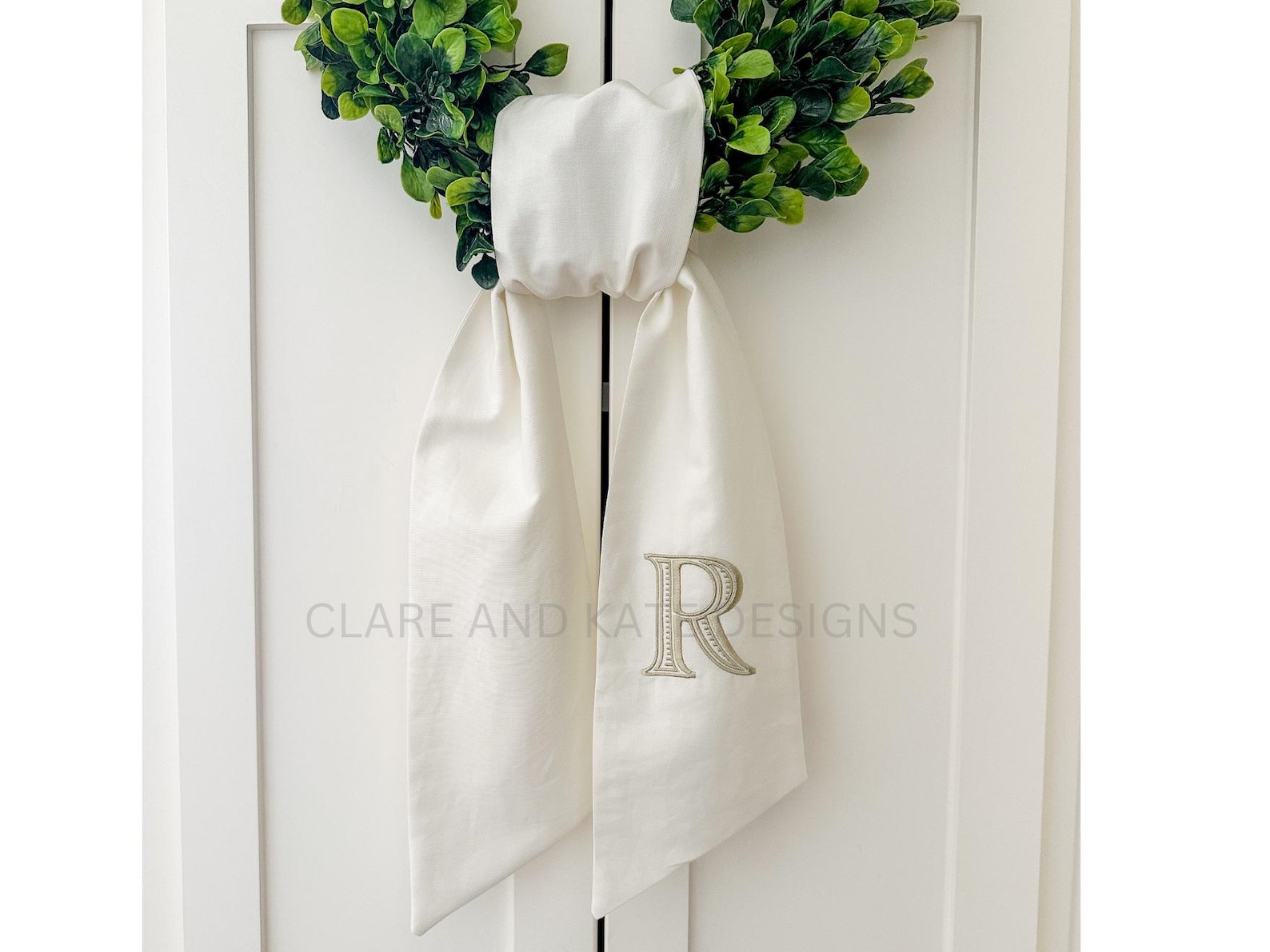 Monogram Wreath Sash, Wreath Sash For Front Door, Embroidered Front Door Bow, Initial Door Sash, Monogram Wreath Ribbon,Wreath Scarf - Font 1, Ivory