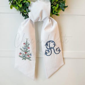 Monogram Wreath Sash, Christmas Wreath Sash For Front Door,Embroidered Wreath Bow,Christmas Initial Wreath Tie, Christmas Tree Wreath Ribbon