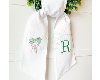 Clover  Wreath Sash, Monogram Wreath Sash, Monogram Wreath Ribbon, Wreath Scarf, Green Wreath Bow