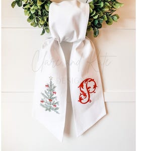 Monogram Wreath Sash, Christmas Wreath Sash For Front Door,Embroidered Wreath Bow,Christmas Initial Wreath Tie, Christmas Tree Wreath Ribbon