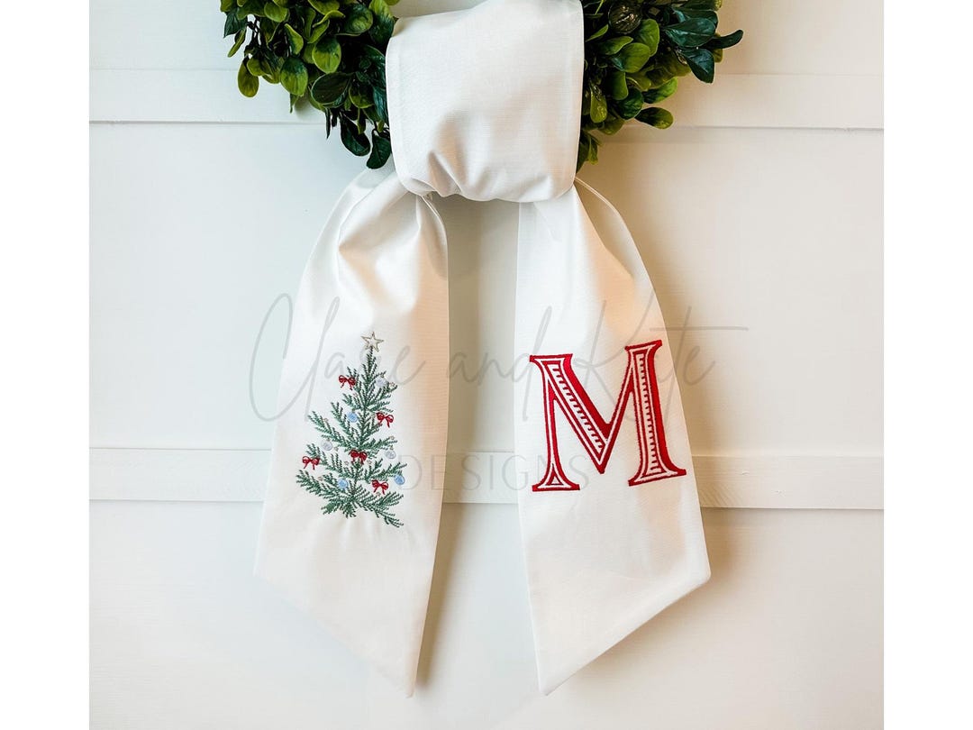 Monogram Wreath Sash, Christmas Wreath Sash For Front Door,Embroidered Wreath Bow,Christmas Initial Wreath Tie, Christmas Tree Wreath Ribbon