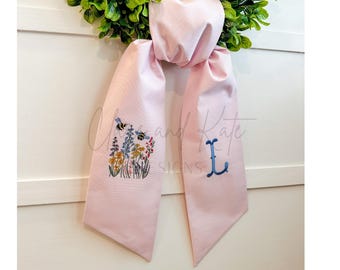 Spring Monogram Wreath Sash, Summer Wreath Sash, Embroidered Front Door Bow, Initial Door Sash, Floral Wreath Ribbon, Wreath Scarf