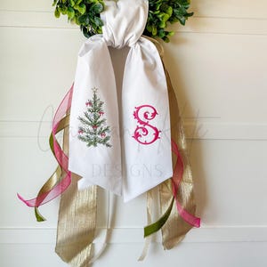 Monogram Wreath Sash, Christmas Wreath Sash For Front Door,Embroidered Wreath Bow,Christmas Initial Wreath Tie, Christmas Tree Wreath Ribbon