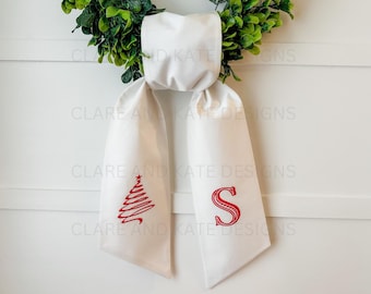 Christmas Wreath Sash, Monogram Wreath Sash,Wreath Sash Front Door,Embroidered Front Door Bow,Fabric Wreath Ribbon,Christmas Wreath Ribbon