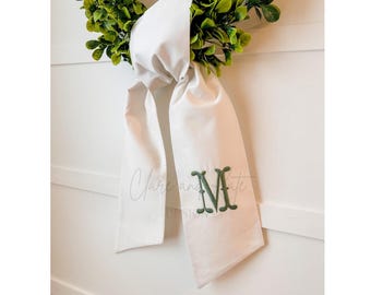 Monogram Wreath Sash, Embroidered Wreath Bow, Initial Wreath Sash, Wreath Scarf, Fall Wreath Sash, Christmas Wreath Sash