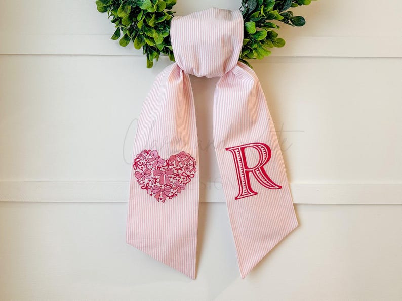 Valentines Wreath Sash, Heart Wreath Sash, Monogram Wreath Sash, Monogram Wreath Ribbon, Wreath Scarf, Valentines Wreath Bow