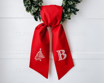 Christmas Wreath Sash, Monogram Wreath Sash,Wreath Sash Front Door,Embroidered Front Door Bow,Fabric Wreath Ribbon,Christmas Wreath Ribbon