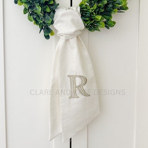 Monogram Wreath Sash, Wreath Sash For Front Door, Embroidered Front Door Bow, Initial Door Sash, Wreath Ribbon, Housewarming, Ivory Sash image 8