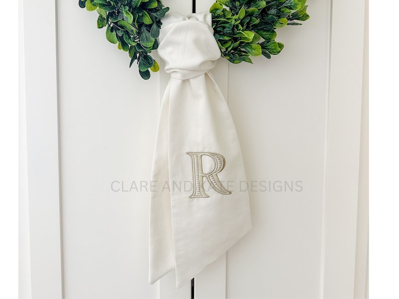 Monogram Wreath Sash, Wreath Sash For Front Door, Embroidered Front Door Bow, Initial Door Sash, Wreath Ribbon, Housewarming, Ivory Sash image 8