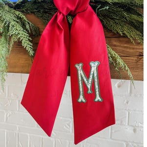 Monogram Wreath Sash, Christmas Wreath Sash For Front Door, Embroidered Wreath Bow, Christmas Applique Initial, Christmas Wreath Ribbon