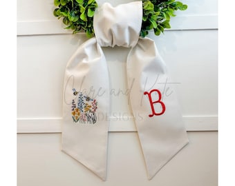 Spring Monogram Wreath Sash, Summer Wreath Sash, Embroidered Front Door Bow, Initial Door Sash, Floral Wreath Ribbon, Wreath Scarf