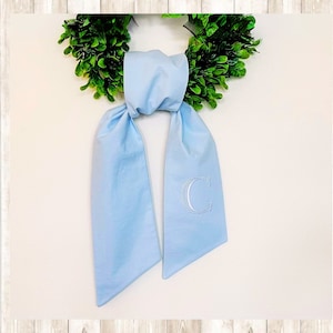 Monogram Wreath Sash, Wreath Sash For Front Door, Embroidered Front Door Bow, Initial Door Sash, Wreath Bow, Housewarming, Light Blue Sash